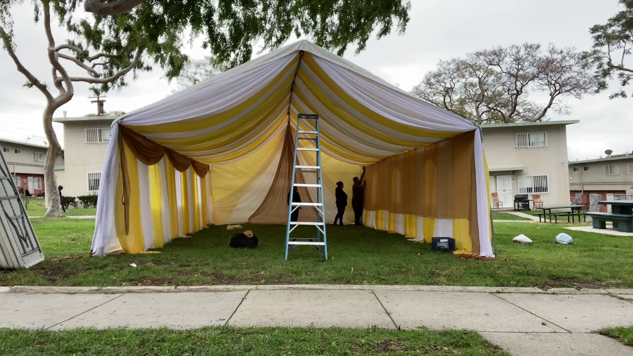 Tent Draping white and yellow 20X30 Fj Party Rentals