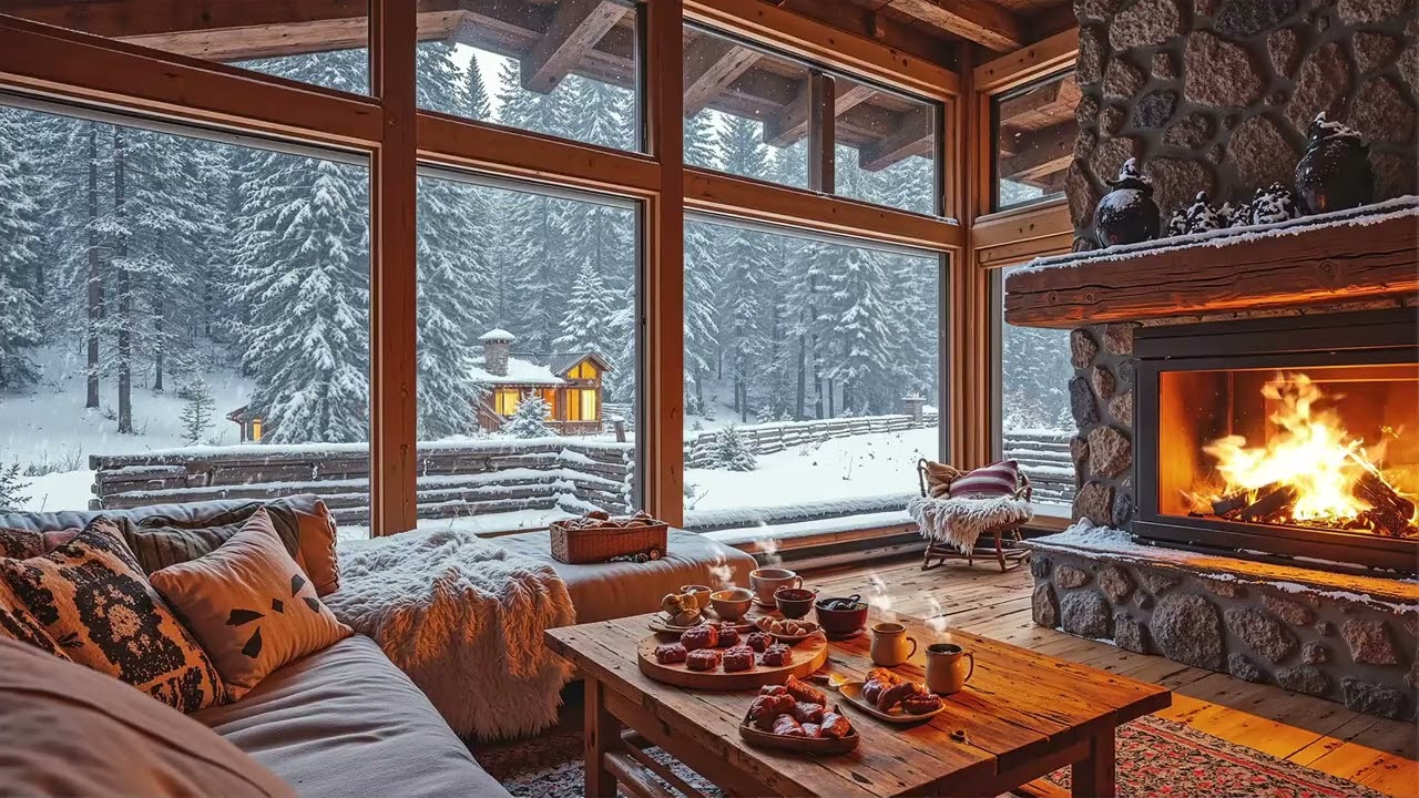 Snowfall Jazz Cabin Retreat ❄️ Cozy Winter Fireplace Ambience & Soft Smooth Jazz Music
