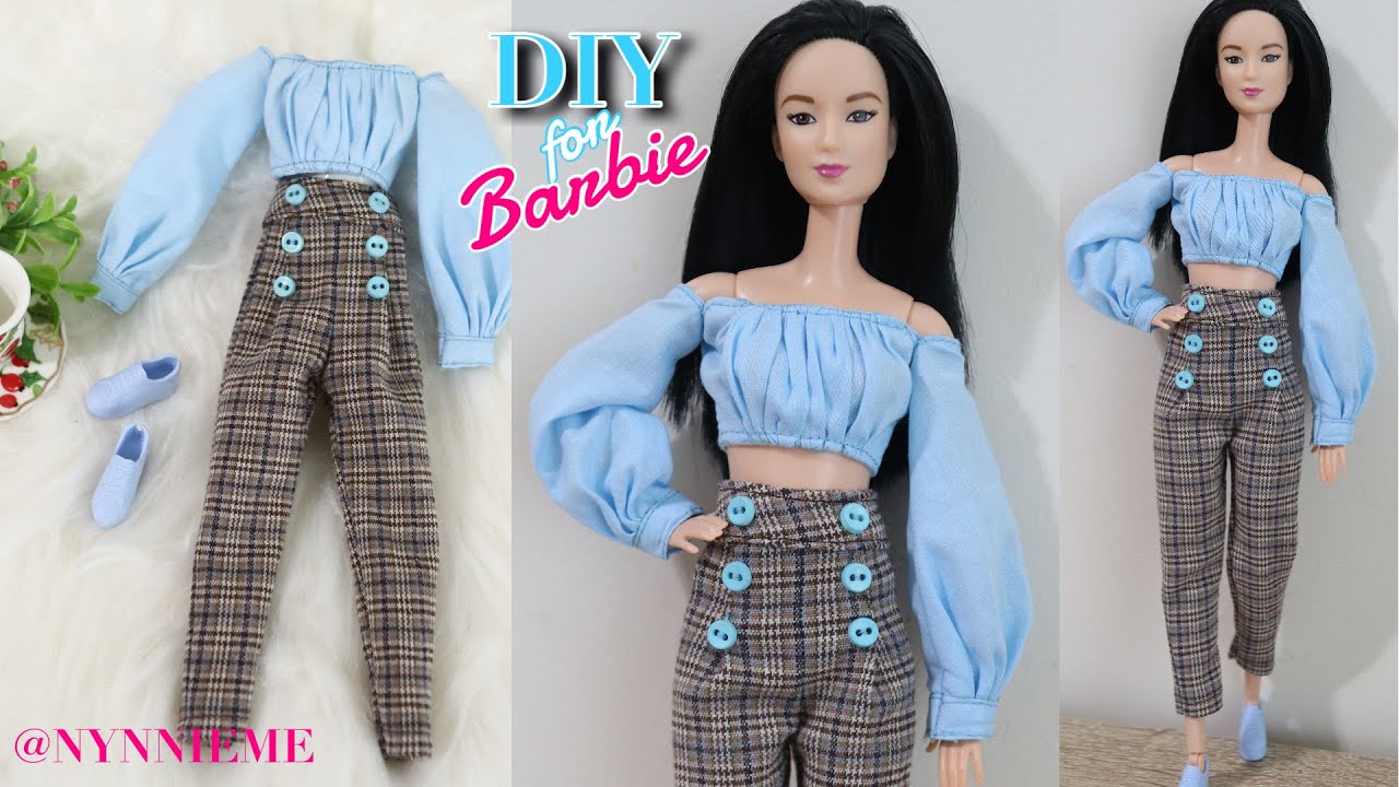 DIY Off Shoulder Crop Top w High Waisted Pants for Barbie | nynnie me