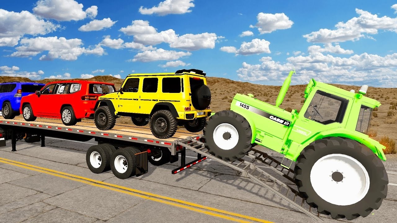 Double Flatbed Trailer Truck vs Speedbumps Train vs Cars | Tractor vs Train Beamng.Drive shorts#061