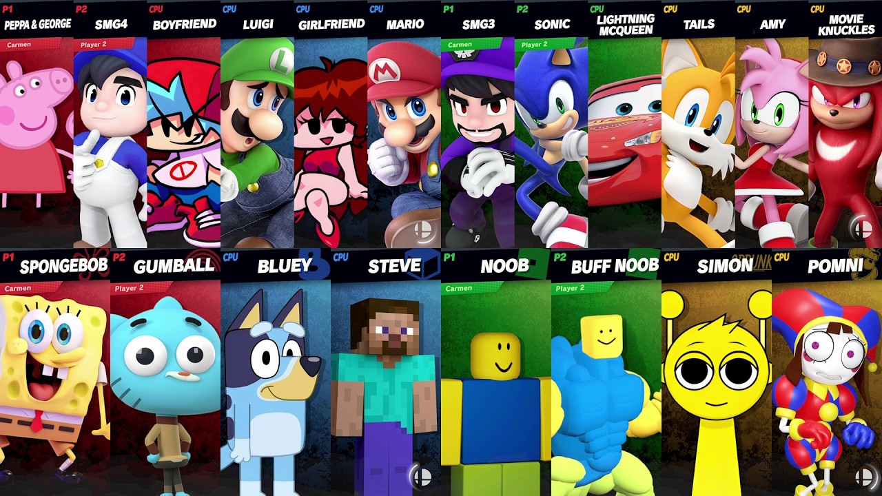 NEW Sonic vs Mario vs Roblox vs Minecraft vs Car vs Peppa vs Bluey vs SpongeBob vs Amy in Smash Bros