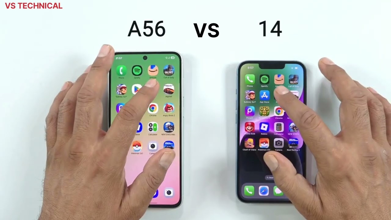 Samsung A56 VS iPhone 14 Speed Test Comparison 2026 different Price ₹50.000 ₹40.000 Price