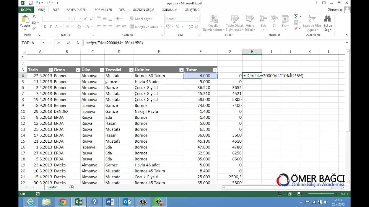Excel Excel'de EĞER İşlevi ve Kullanım