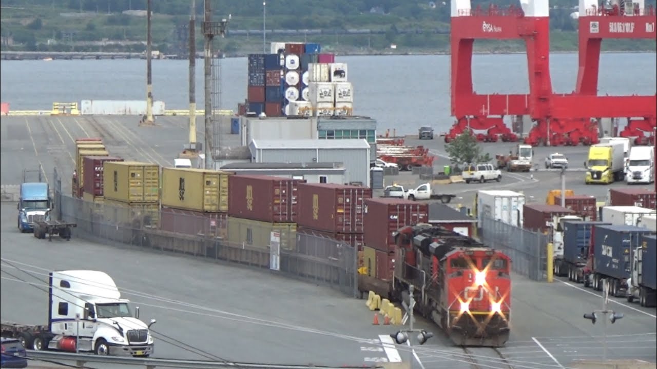 Awesome View! Pair M-2s Work Train CN 519 Pull Intermodal Stacks from PSA Atlantic Hub - Halifax, NS