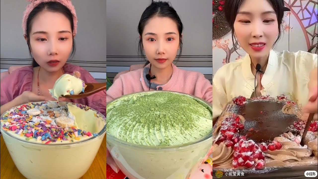 ASMR MUKBANG❤️MUKBANG Sounds🍰Giant Bowl of Whipped Cream(MATCHA) Chocolate Cake#cake#asmr#fyp#food
