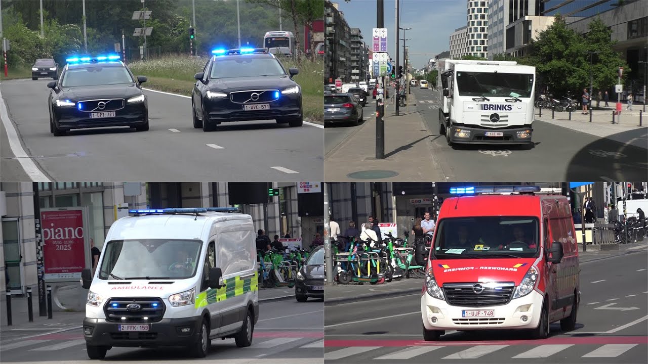 [Near Crash and Special Siren!] Ambulances, Police and Fire Department responding code 3 in Brussels