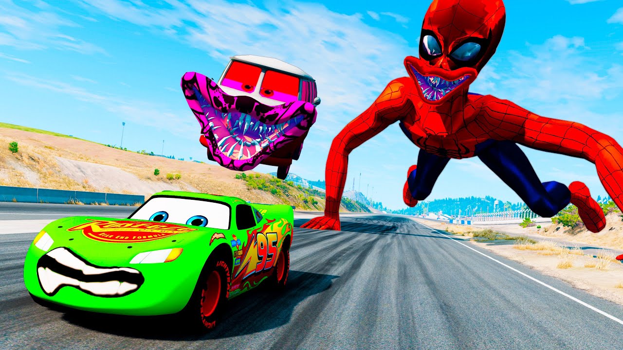 Lightning McQueen vs Spider-Man Eater vs Fillmore Eaters Monsters | Epic Escape in BeamNG.Drive