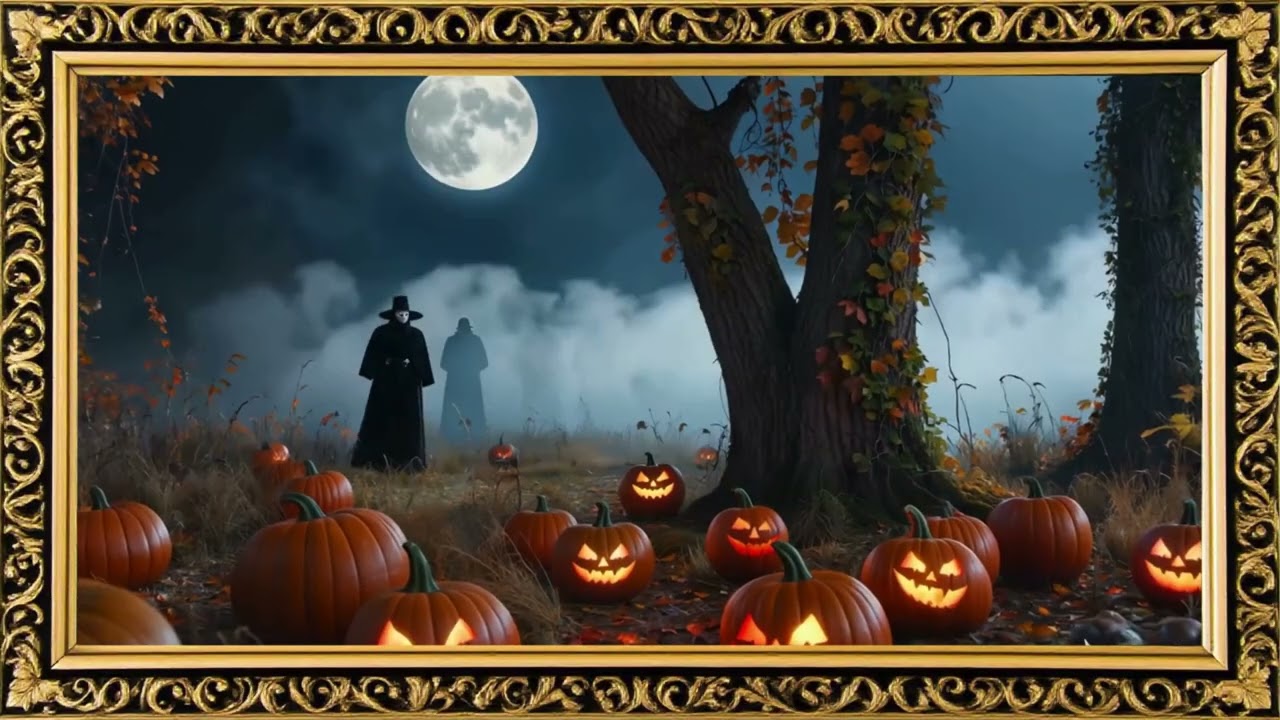 Halloween Ghosts Haunting Pumpkin Patch TV Screen Saver: A Chilling Halloween Night Under Full Moon