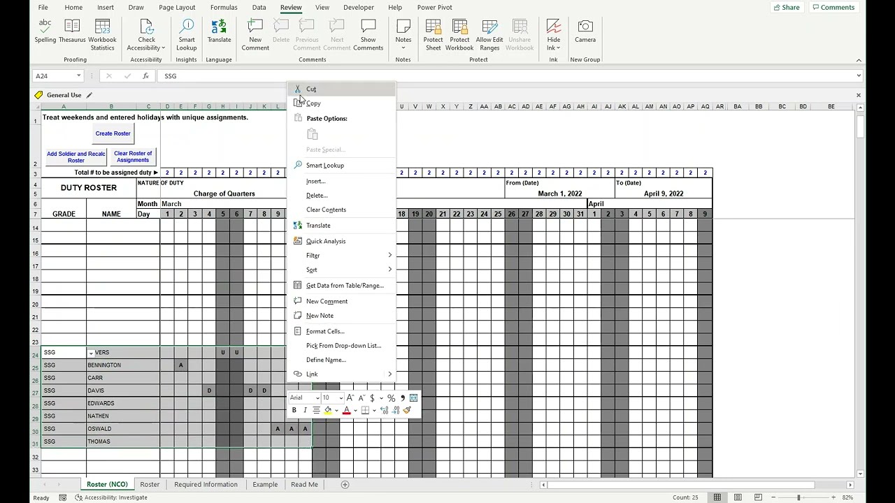 Automated EXCEL Duty Roster.  Assigning one NCO and two enlisted for each day.