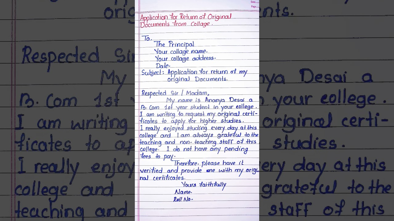 write an application to the principal for return original documents in college