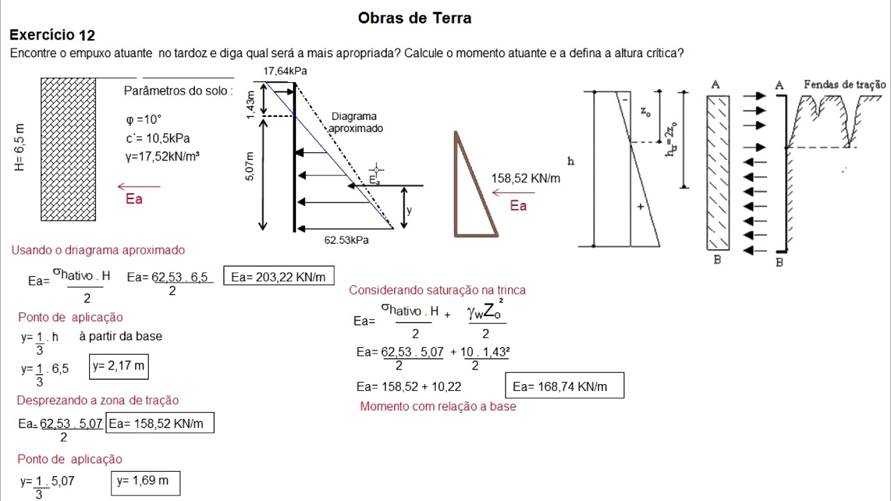 Obras de terra 12- Determine o empuxo  atuante, sabendo que o solo  é coesivo, calcule o momento?