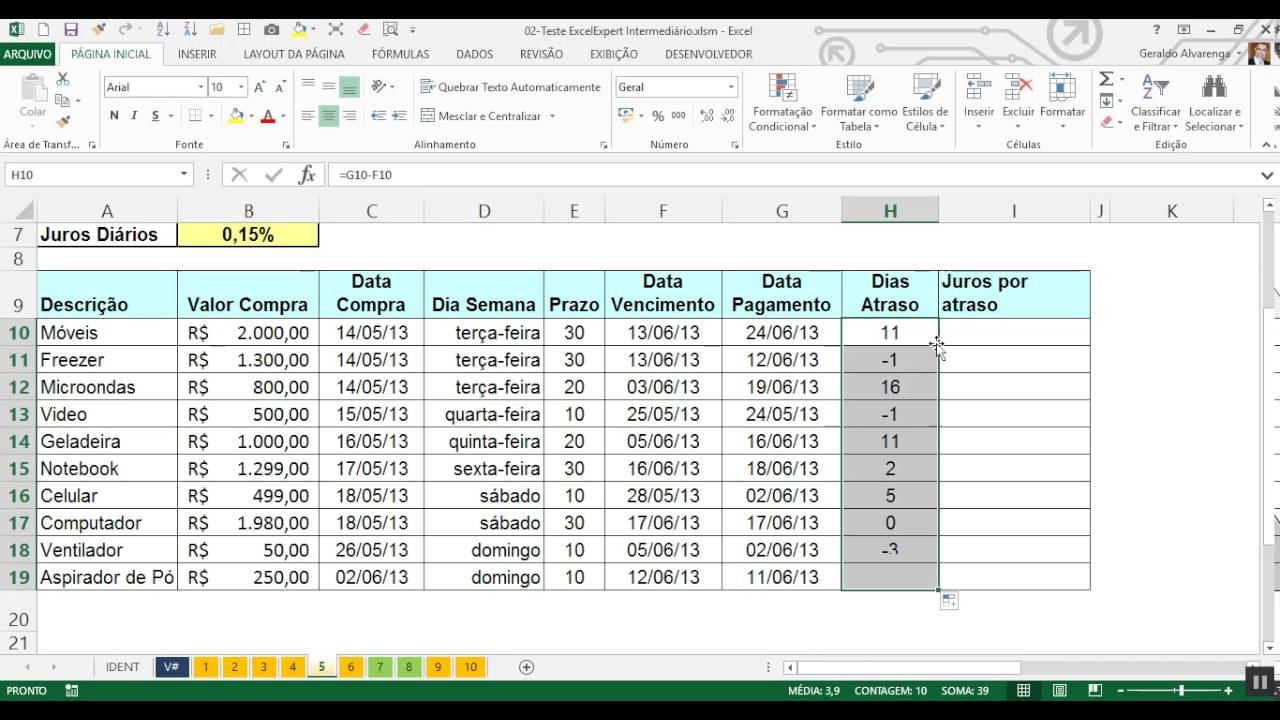 V#16 - Excel Expert - Teste Intermediário Ex: 05 - Cálculo de Dias em Atraso e Juros