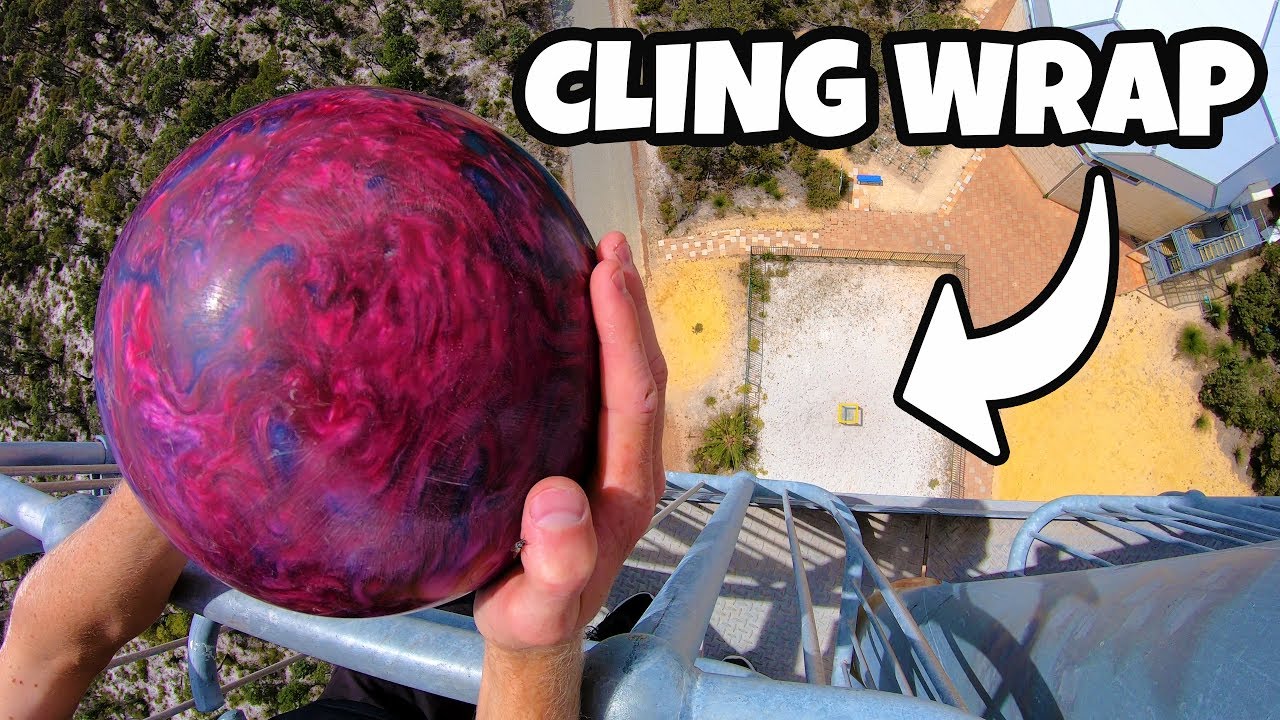 BOWLING BALL Vs. 60 LAYERS of CLING WRAP from 45m!