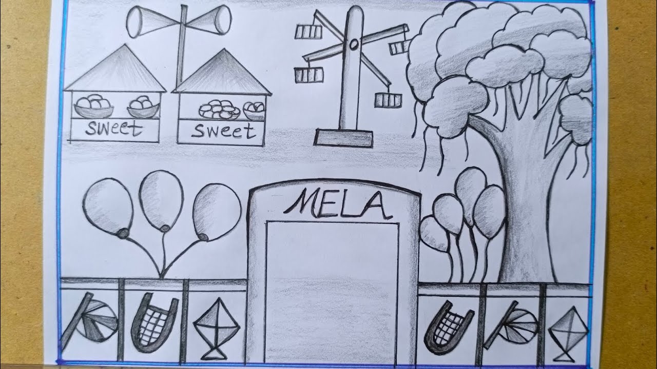 Mela Scenery Drawing /Mela Ki Chitra/How To Draw Funfair/Boishakhi Mela Scenery/No Music