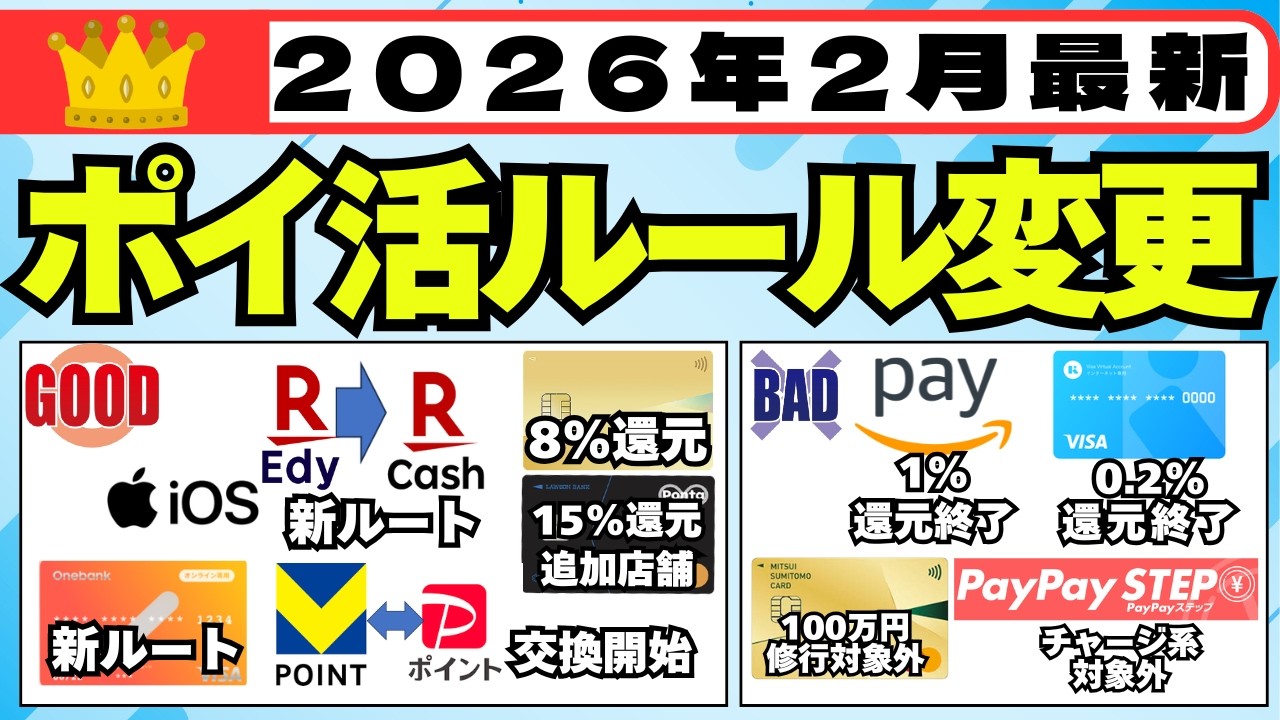 【2026年2月】ポイ活ルール変更をご紹介 (Olive8%還元、ローソンPontaプラス対象店追加、iphoneで楽天Edyから楽天キャッシュ交換開始、ワンバンクがApplePay対応へ)