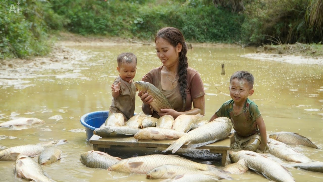 Fishing with my son in the pond - Catching giant fish to sell - Grilling and eating the fish