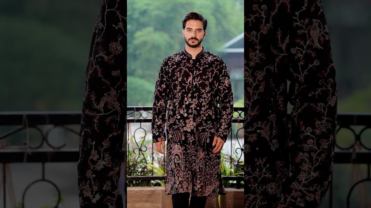 Azran Exclusive Black Panjabi | Hand Embroidery & Sequin Detailing for Him