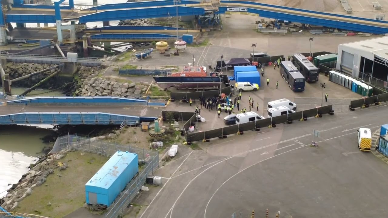 6th March, Ramsgate , Drone footage, BF Hurricane and Migrants being checked.