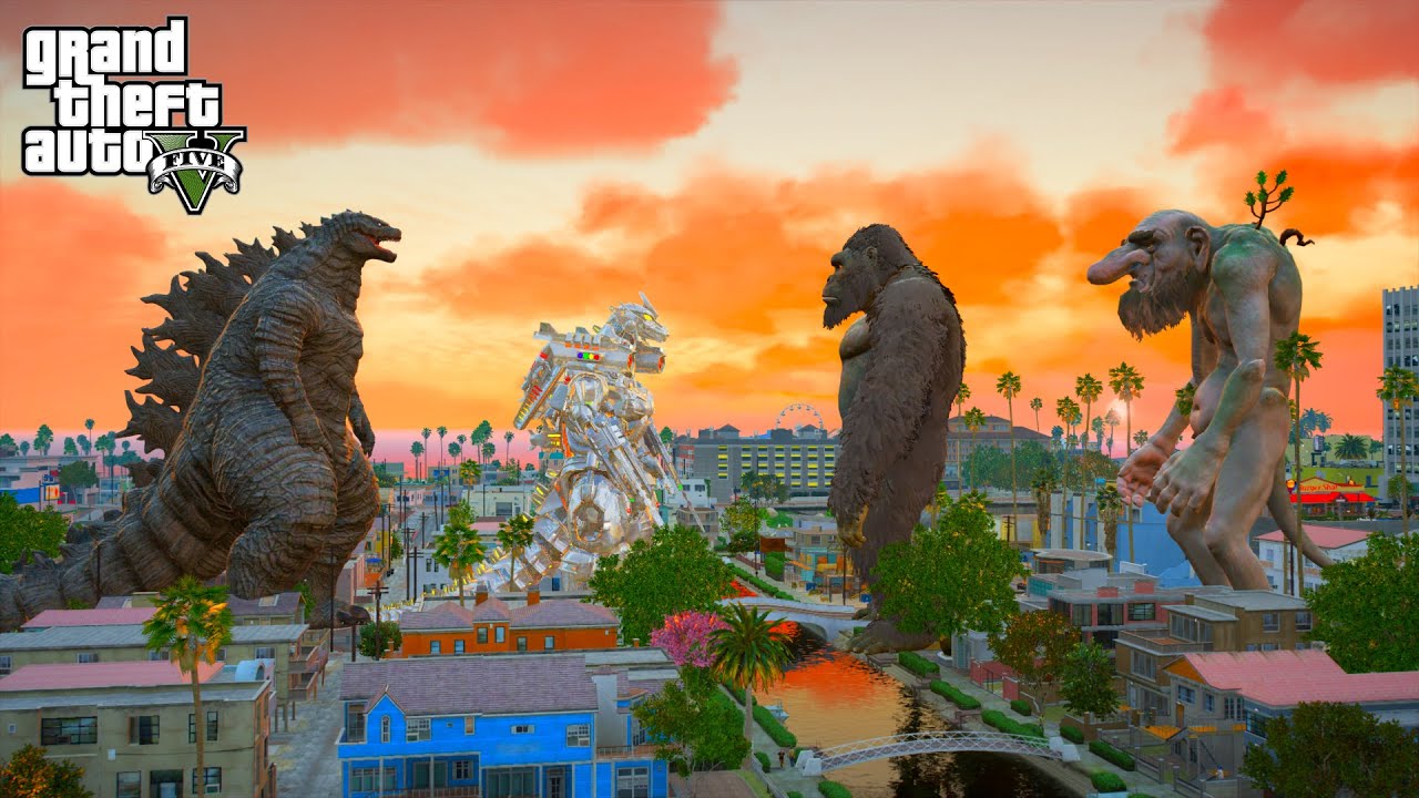 Legendary Godzilla and Kiryu Mechagodzilla vs KONG and Troll Big​ - GTA 5 Mods