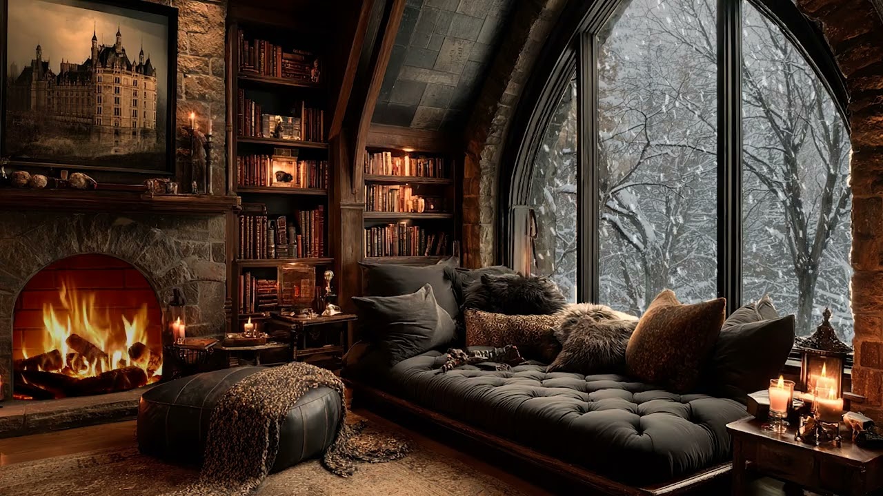 Winter Piano Room | Cozy Bedroom Piano Music with Warm Lights While Snow and Cold Wind Drift Outside