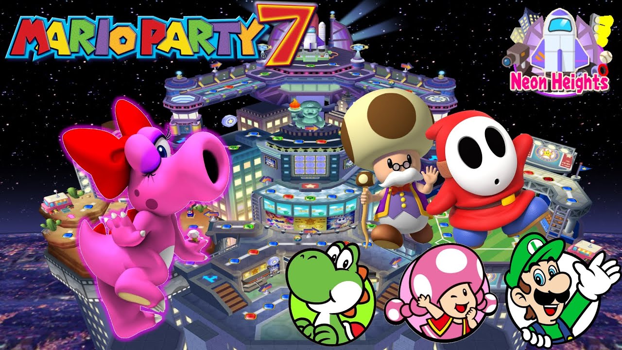 Mario Party 7 - Birdo vs Yoshi vs Toadette vs Luigi - Neon Heights