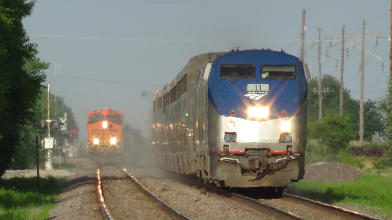 Amtrak with Horn Show and BNSF Freight Train with Gray KCSM Race