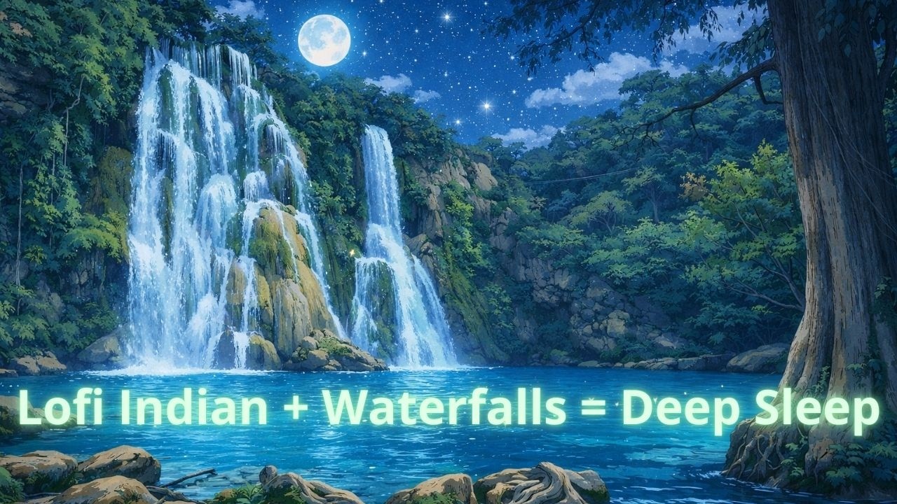 Sleep Music LoFi Indian 8 Hours Natural Waterfalls Sound • Indian Instrumental Background Music Calm
