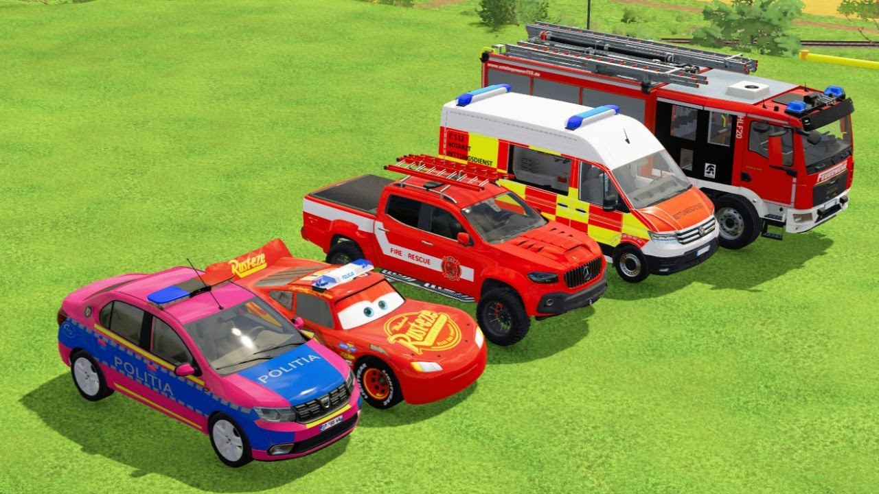 TRANSPORTING DACIA, MCQUEEN CAR, FORD POLICE CAR, AMBULANCE EMERGENCY WITH MAN TRUCKS FS22 #48