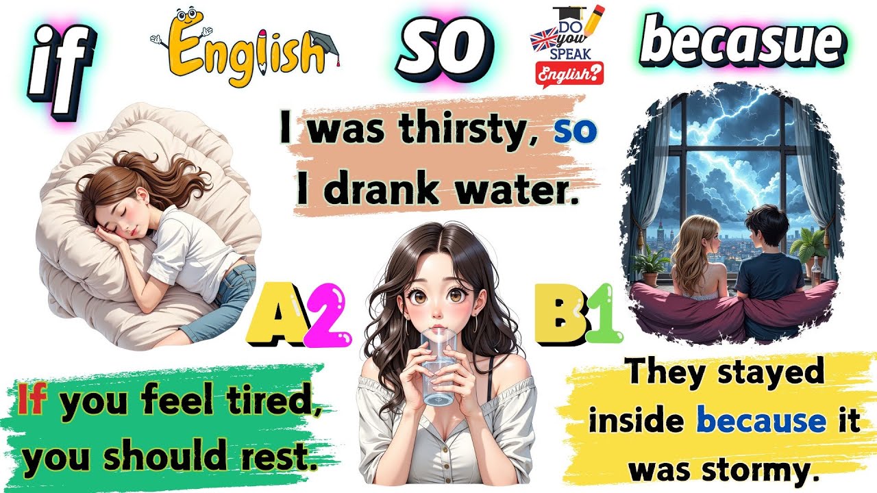 📚 Learn English Conjunctions: Because, If & So | Easy A2 Sentences 🎧