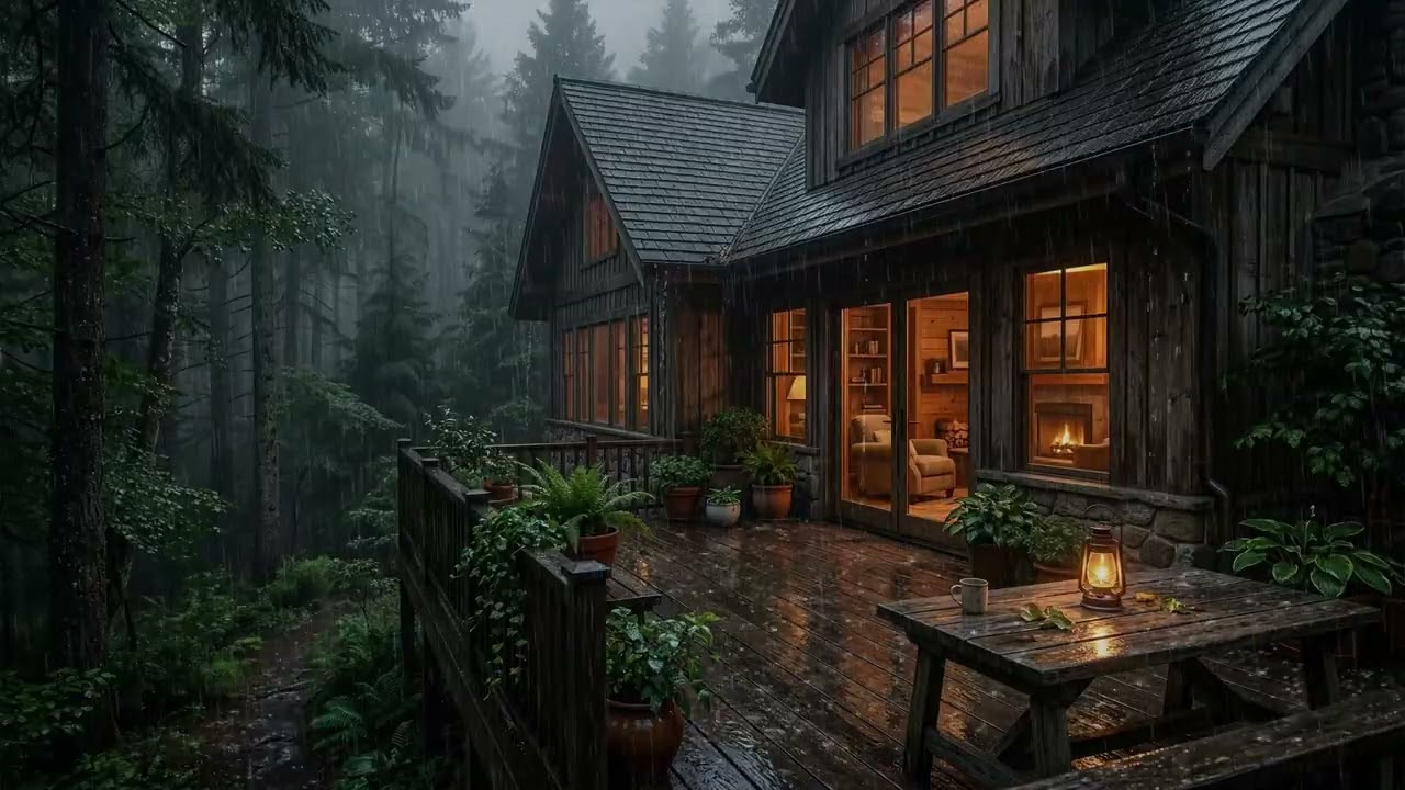 Heavy Tropical Rainstorm 🌧️ Pouring Outside A Jungle Cabin While Tall Palms 🌴 Sway