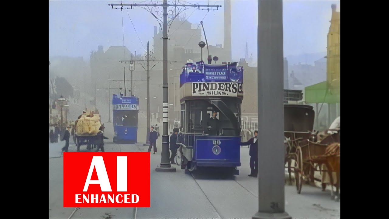 Tram Ride Through Nottingham & Lunchtime Workers, 1900 & 1902. AI Enhanced. BW.