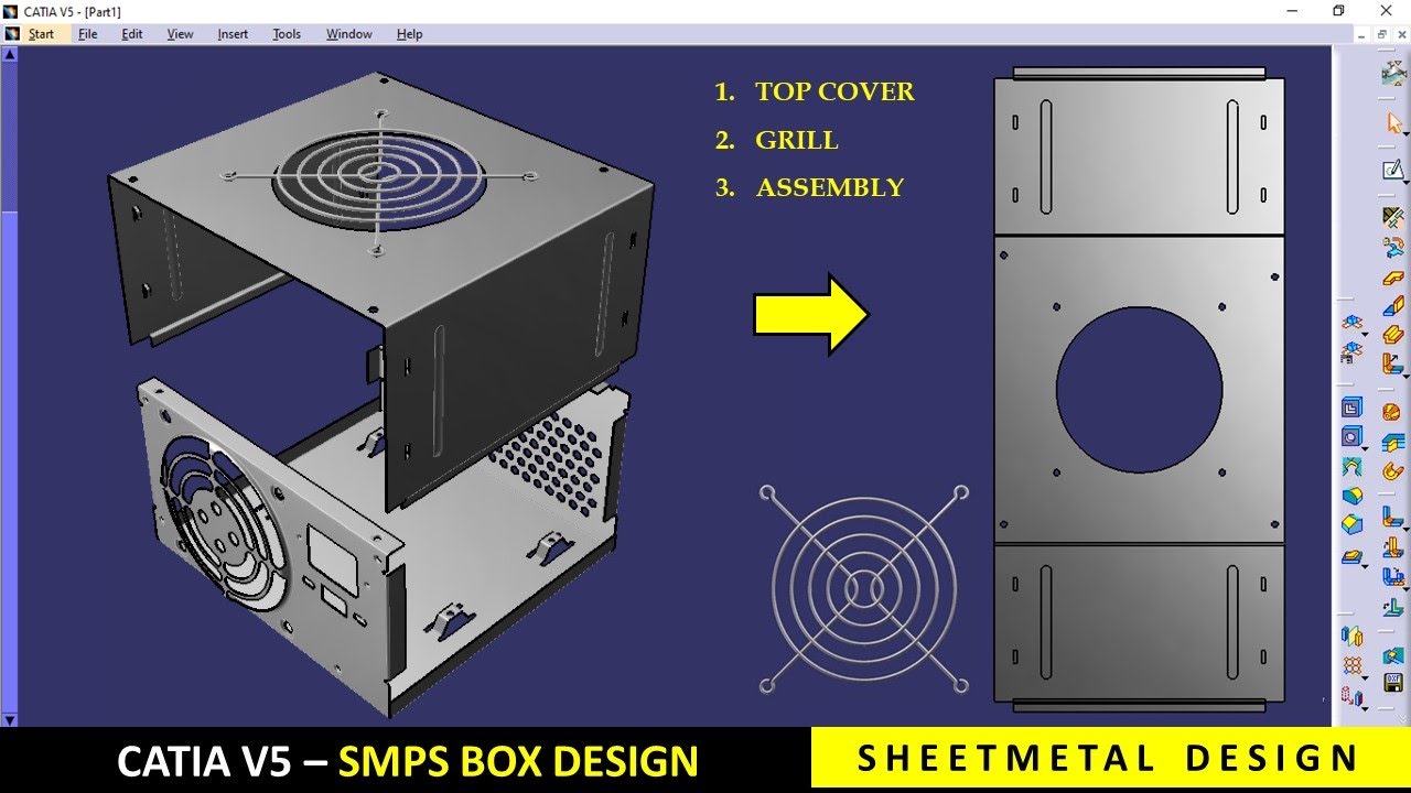 CATIA V5 | Sheetmetal design tutorial for beginners | SMPS Box | Top cover | Grill | Assembly