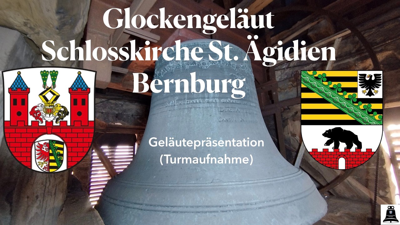 Bernburg (D), Die Glocken der ev. Schlosskirche St. Ägidien, Geläutepräsentation (Turmaufnahme)