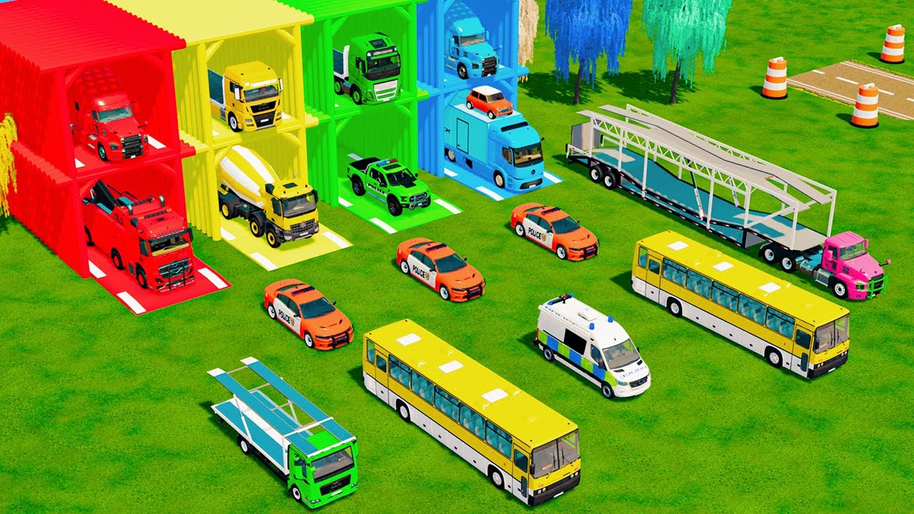 TRANSPORTING POLICE CARS, RESCUE AND MIXER TRUCK, AMBULANCE, CITYBUS TO GARAGE - FS22