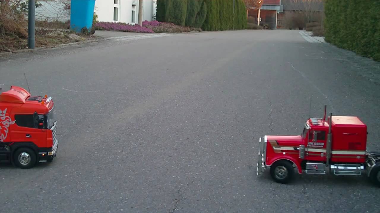Tamiya Scania R470 Highline orange und King Hauler rot Rungenauflieger mit Holzladung HD