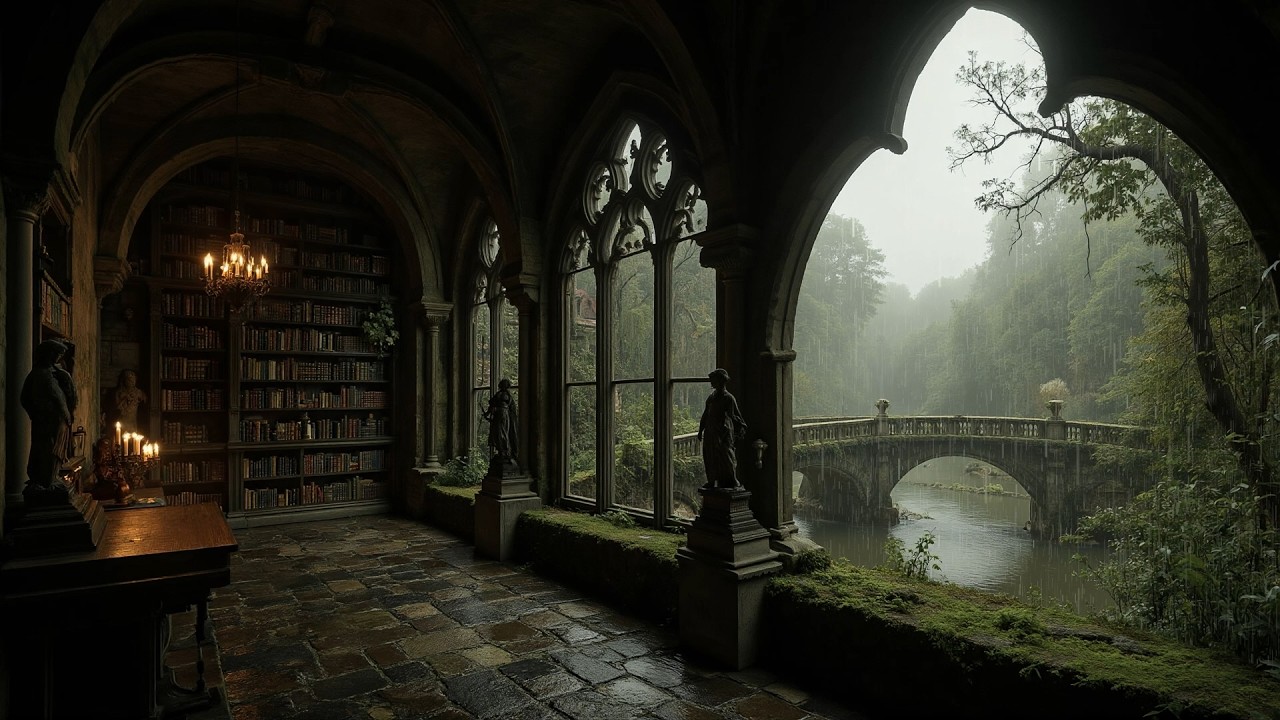 Rainy Library by the Old Bridge | Dark Academia Ambience for Study, Focus & Relax