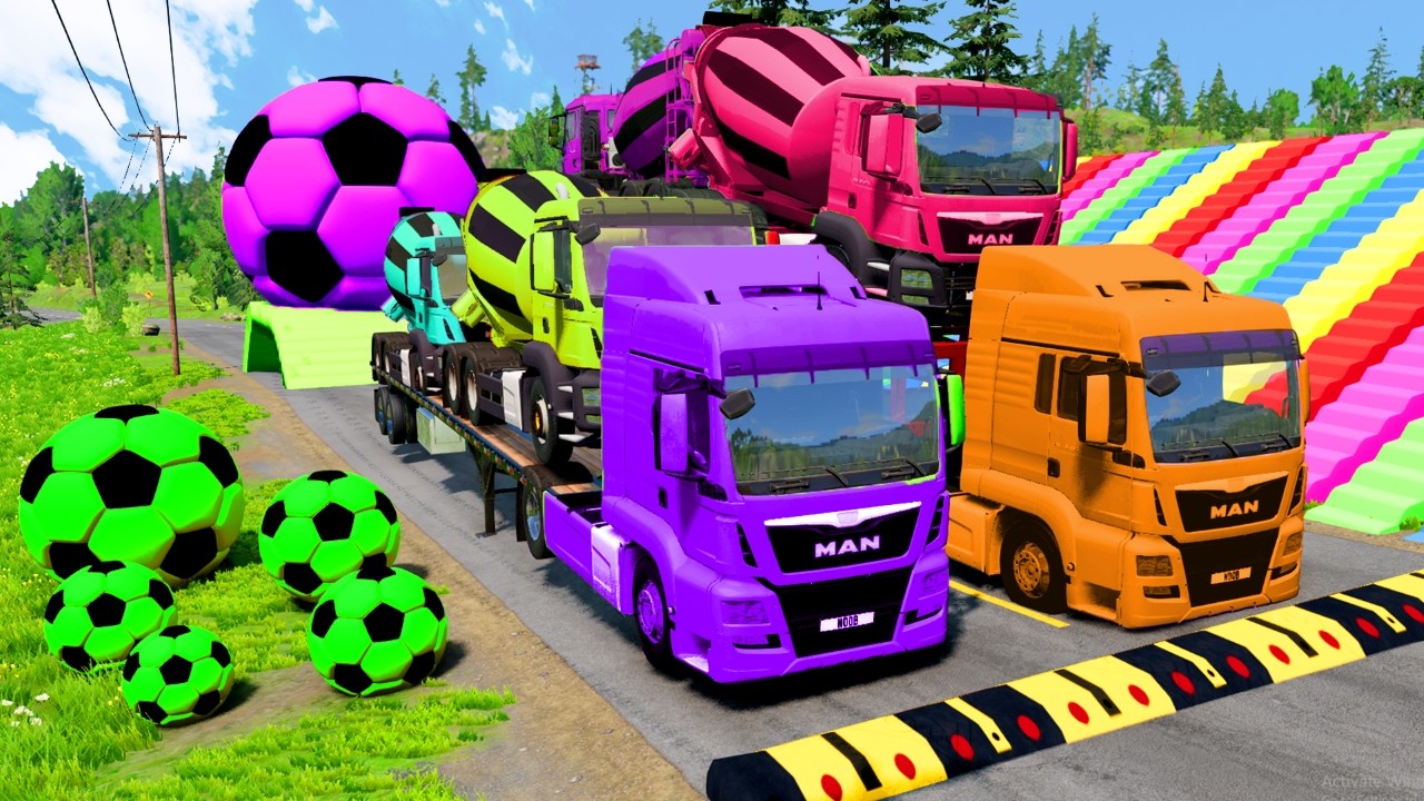 Double Flatbed Trailer Truck vs Speedbumps Train vs Cars | Tractor vs Train Beamng.Drive #003