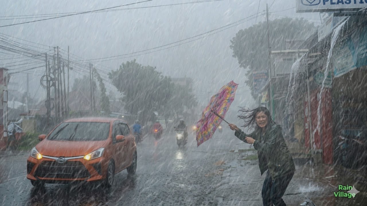 Peaceful Rain Walk in Village Road