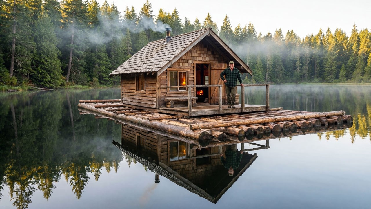 Building a Floating Cabin on a Log Raft in Forest Lake | 70 Days Solo