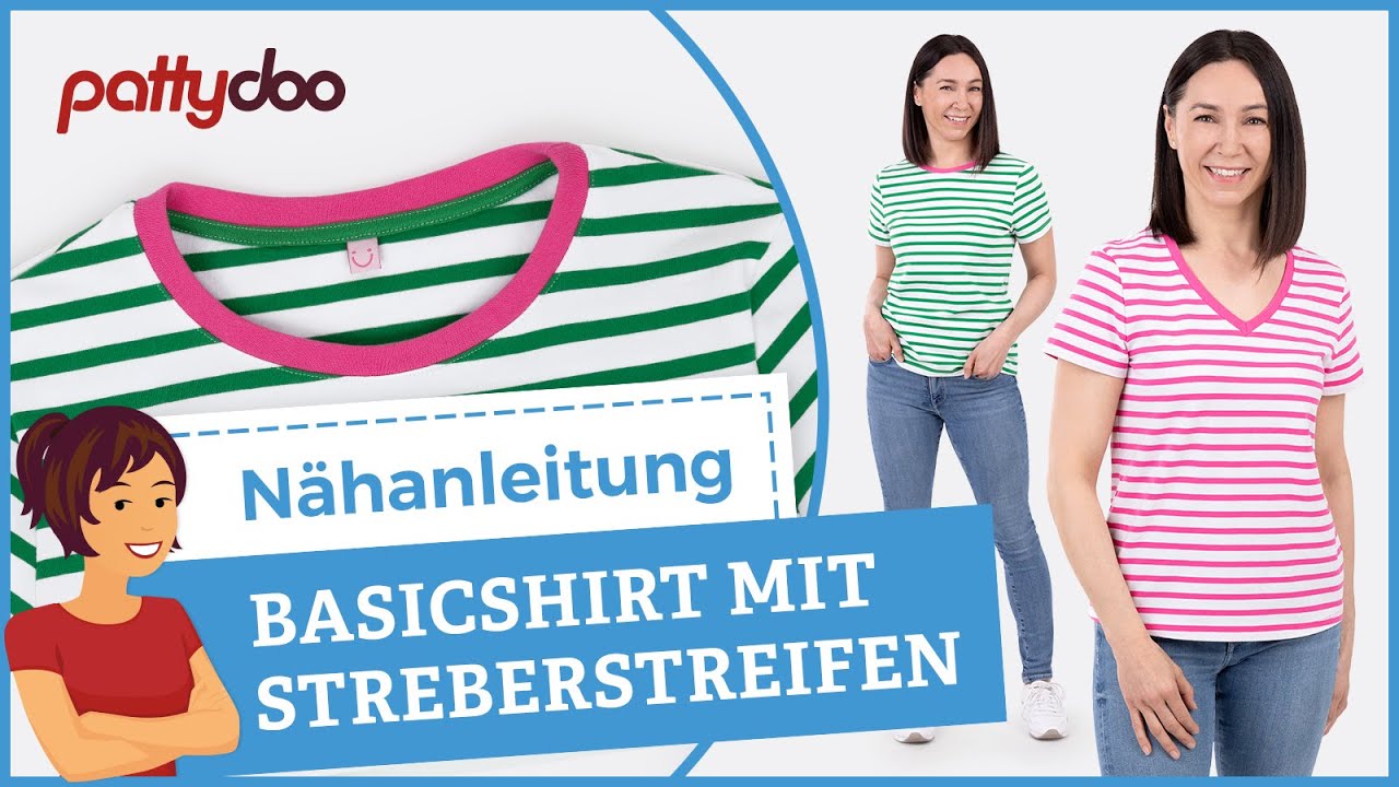 Basic T-Shirt nähen 👕 Mit Anleitung für Streberstreifen & V-Ausschnitt mit Bündchen 👌
