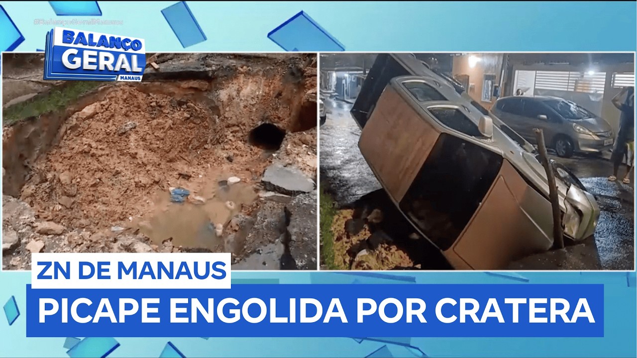 Picape de entregas fica presa em cratera em bairro da zona norte de Manaus (AM)