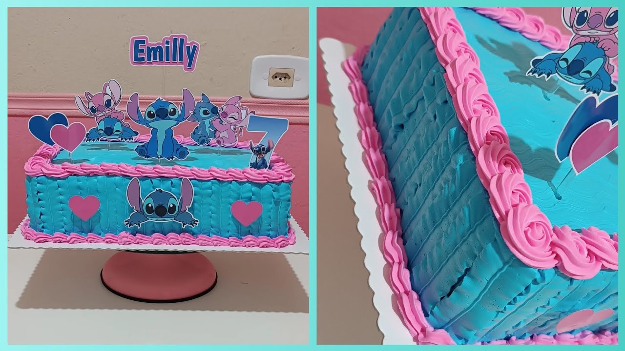 Bolo Stitch e Angel | Retangular | 4 kg | Topper | Chantilly rosa e azul | 7 anos |