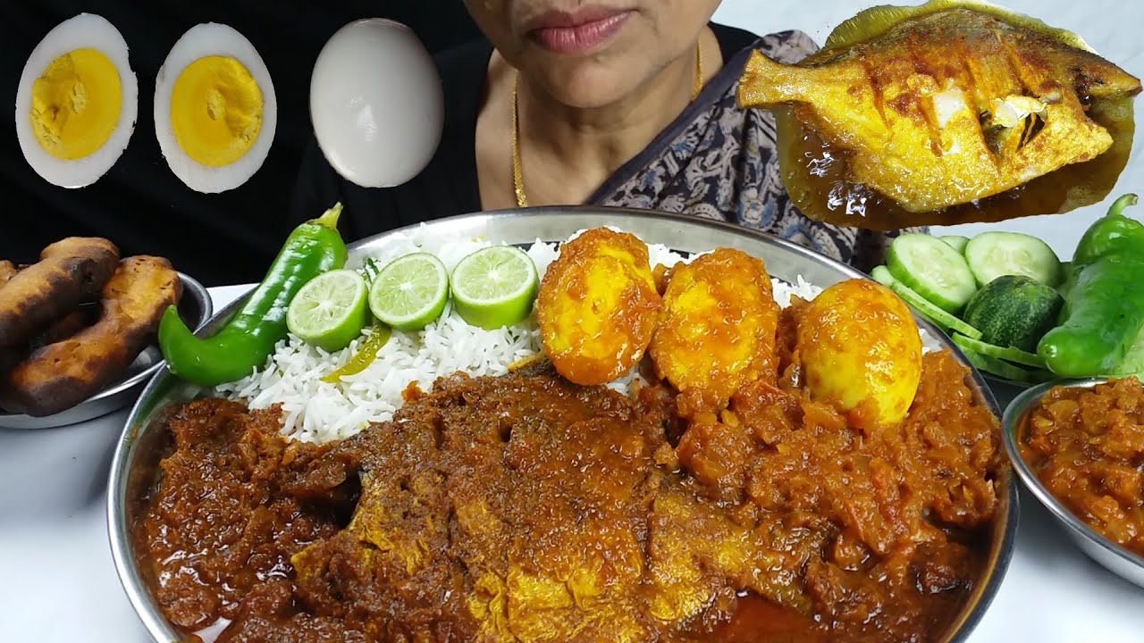 Asmr Pomfret Fish Masala and Chicken Egg Curry Eating With Fried Rice Mukbang