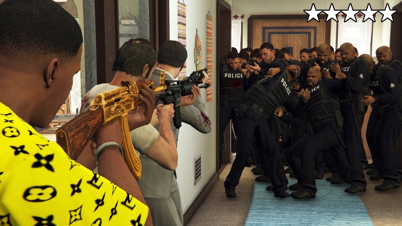 GTA 5 - Five Star POLICE CHASE with Franklin, Michael and Trevor! (Franklin's OLD HOUSE Cop Battle)