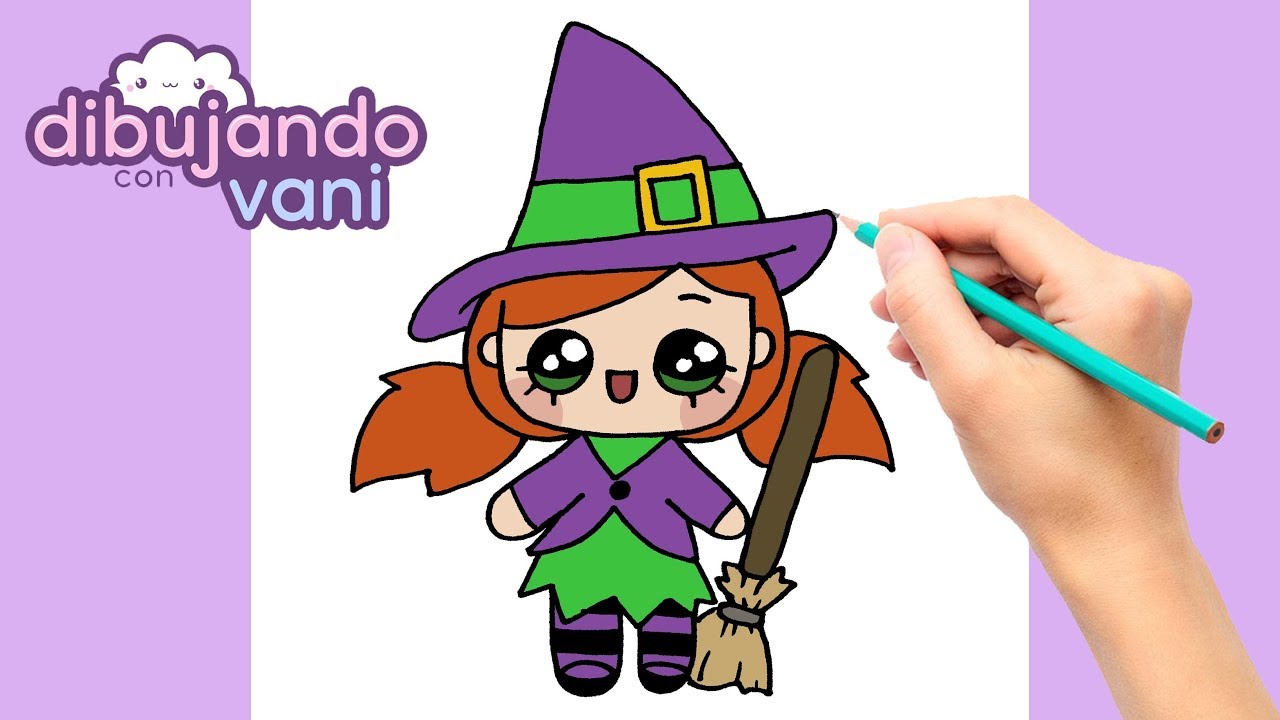COMO DIBUJAR UNA BRUJA PASO A PASO - DIBUJOS FACILES PARA DIBUJAR - DIBUJOS DE HALLOWEEN KAWAII