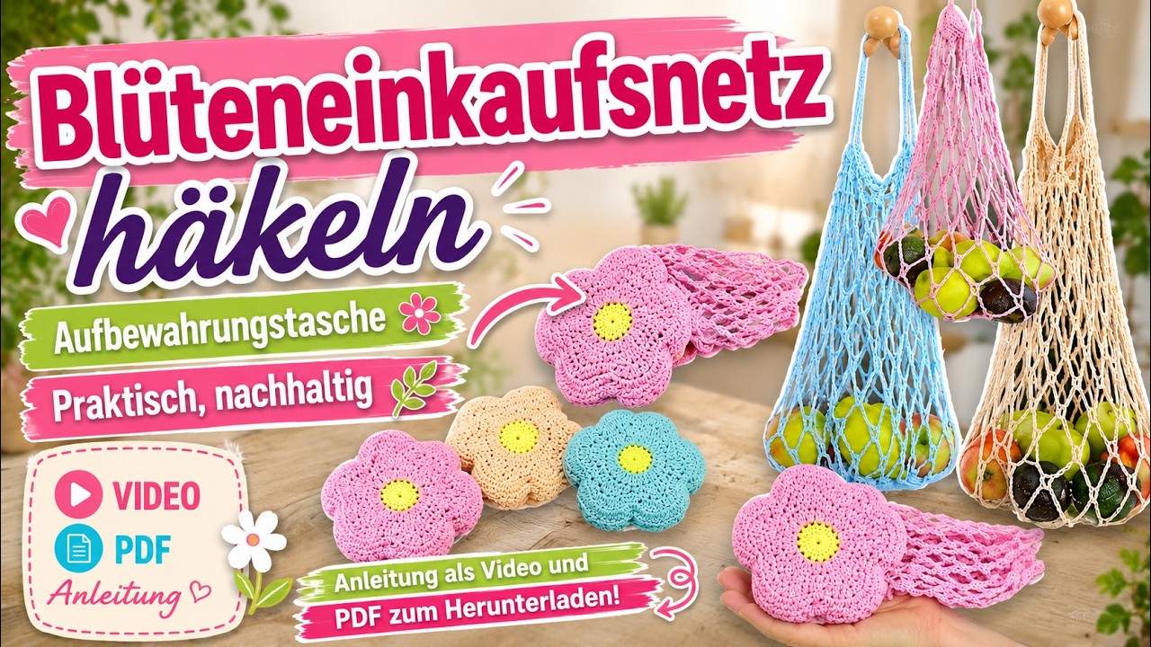 Einfaches Einkaufsnetz mit 🌸 Blütentasche 🌸 häkeln | 2 in 1