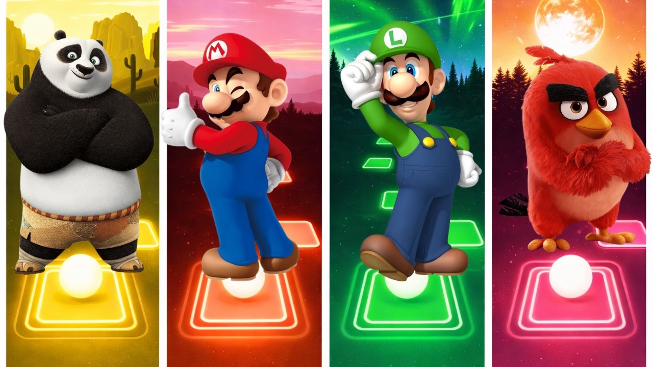 KungFu Panda Vs Mario Vs Luigi Vs Angry Birds | Tiles Hop EDM Rush,