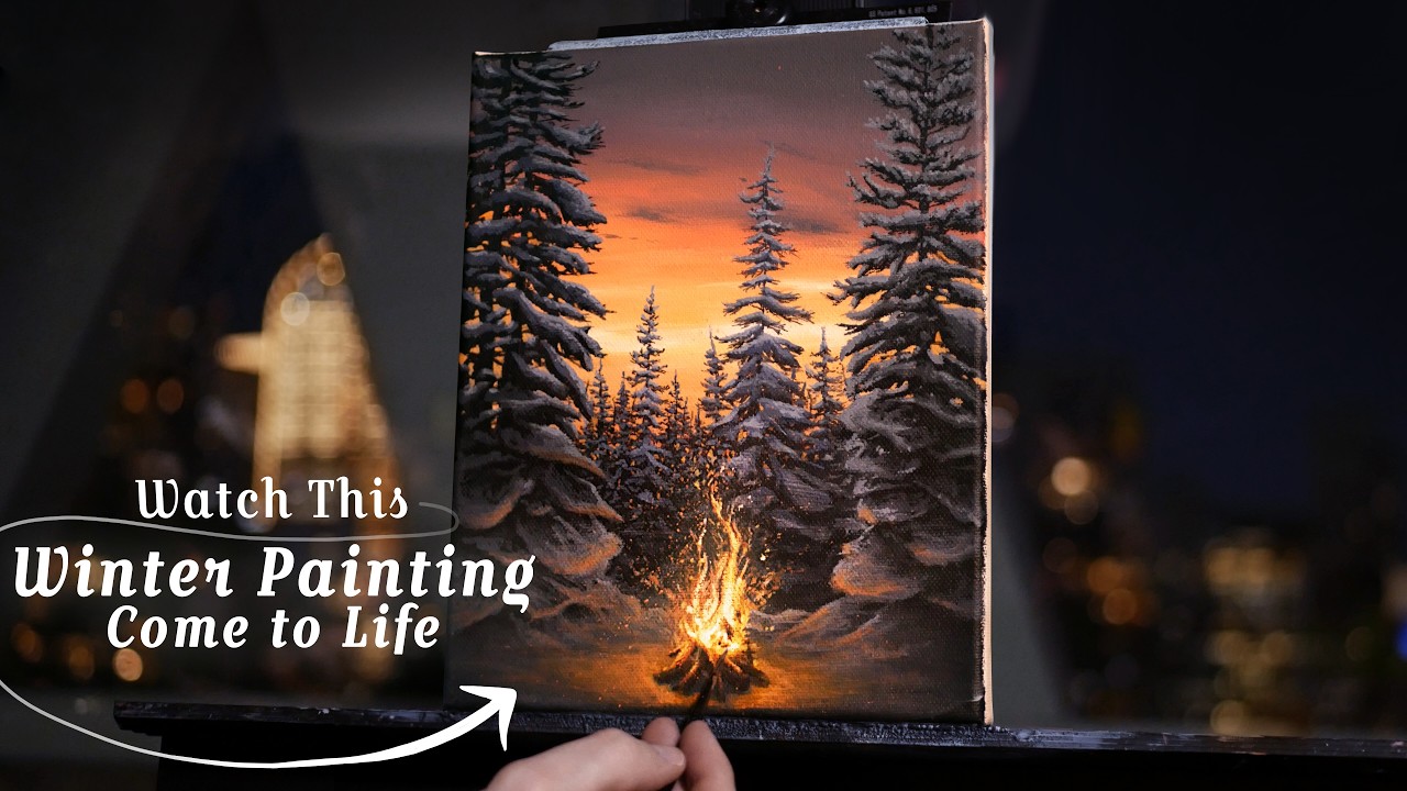 Painting A Campfire in A Snowy Winter Scene with Acrylics - Paint with Ryan