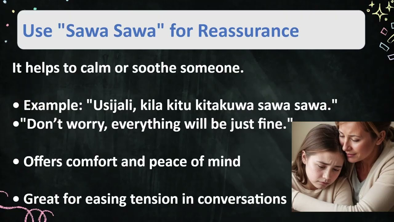 Common  uses of the word sawa sawa