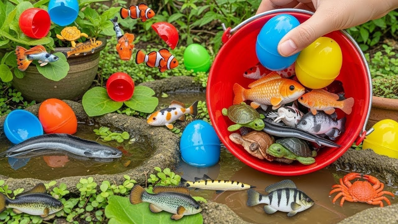 Catch beautiful aquarium fish in small pond baby turtles, eel, frog, pencil fish, nemo fish, catfis